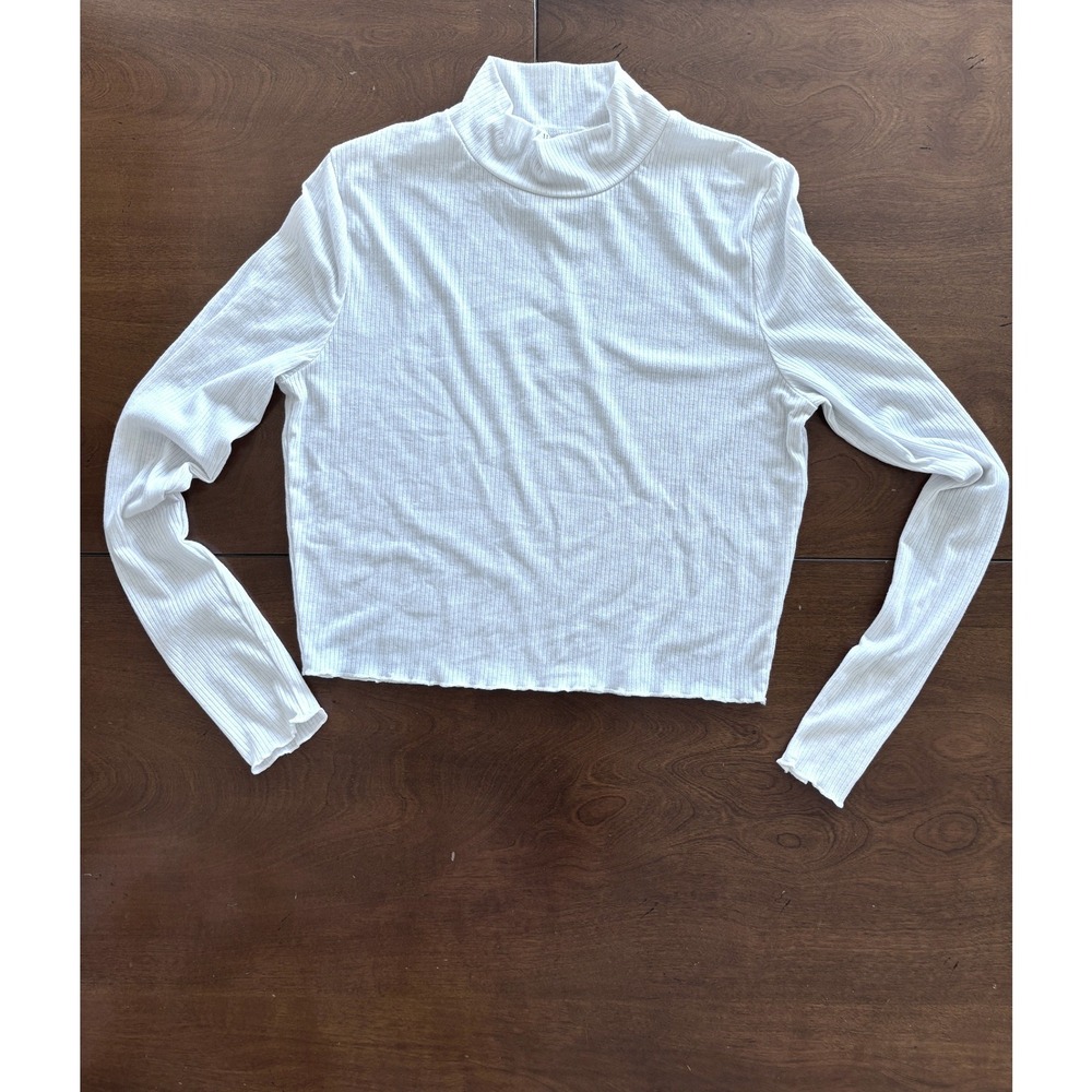 Cotton On White Ribbed Mock Neck Long Sleeve Lettuce Edge Crop Top Size M